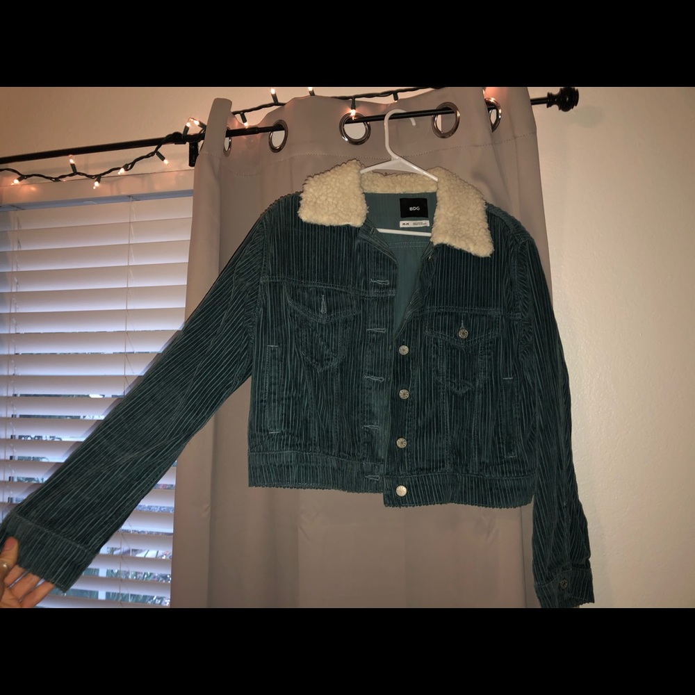 Blue/Green Corduroy cropped jacket with faux fur